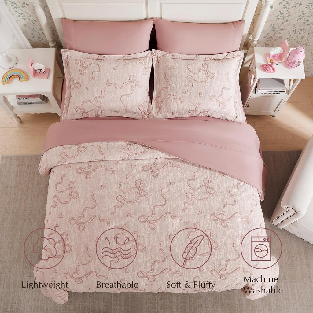 Pink Twin Comforter Set for Girls- 5 Pieces Bowknot Jacquard Bed in A Bag Twin Bedding Sets with Sheets, Pillowcases