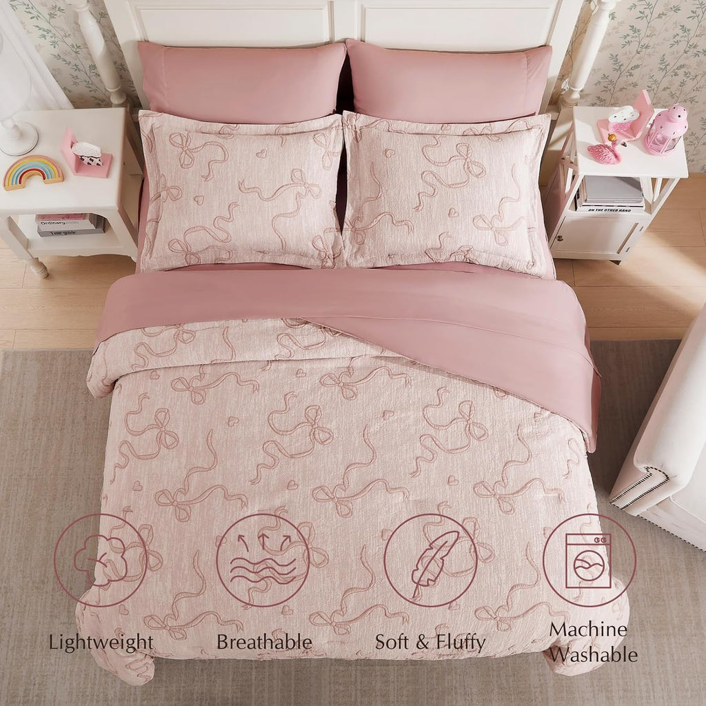 Pink Full Comforter Set for Girls- 7 Pieces Bowknot Jacquard Bed in A Bag Full Bedding Sets with Sheets, Pillowcases