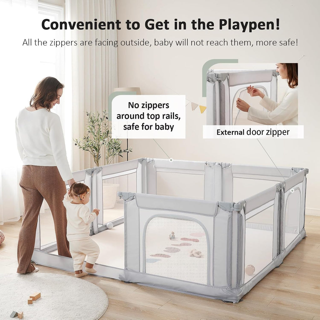 Dotey Adjustable Baby Playpen with Adult Door, Foldable Large Playpen for Babies and Toddlers, Breathable Mesh Indoor