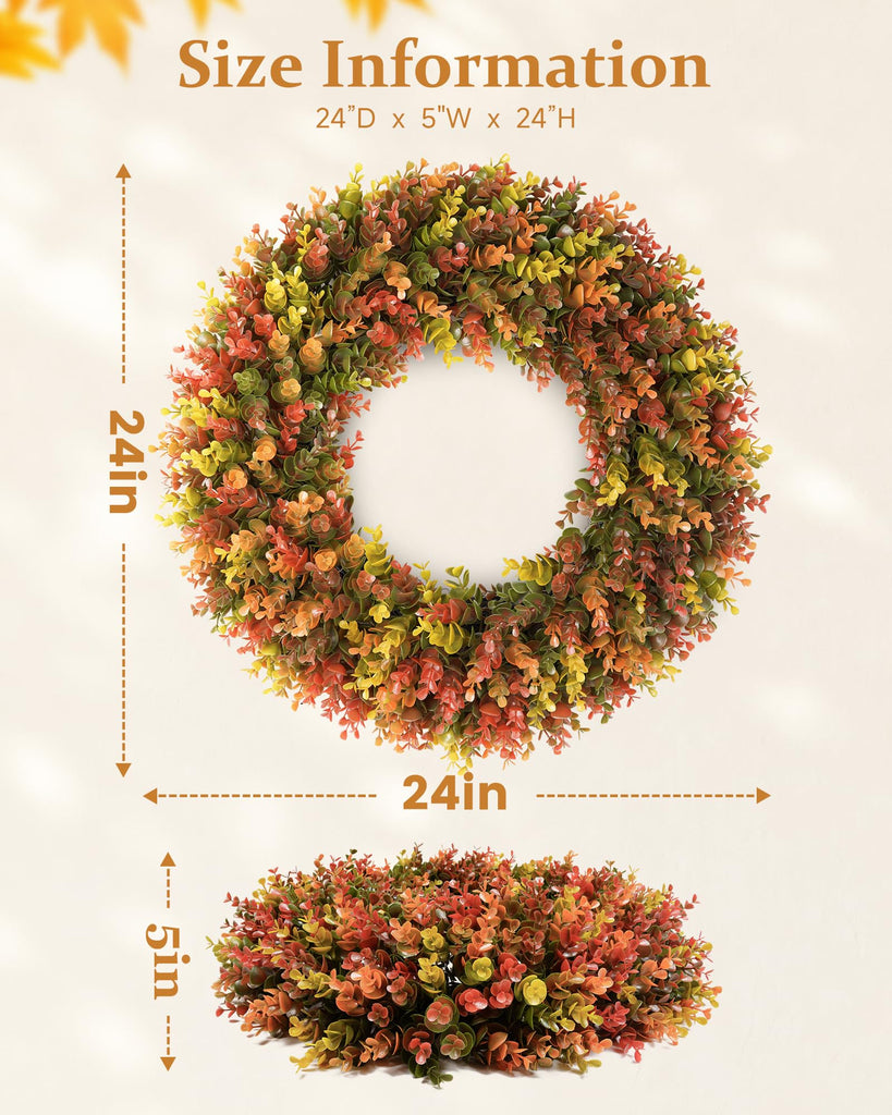 24" Fall Wreath for Front Door, Artificial Boxwood Autumn Wreath