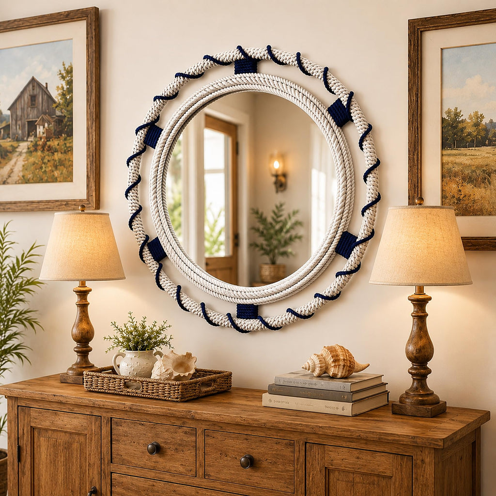 30" Round Nautical Rope Wall Mirror, Coastal White Navy Bands