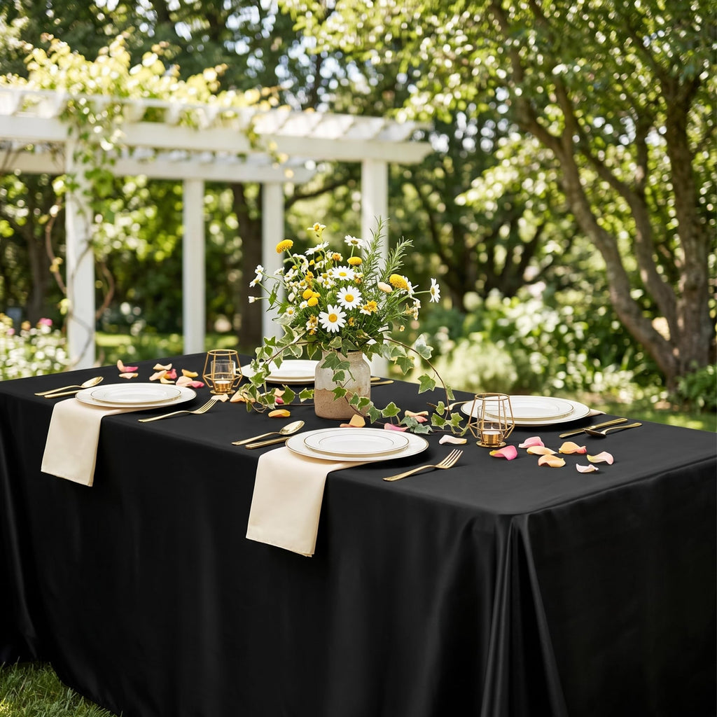 8 Pack Black Satin Tablecloth 58 x 102 Inch Overlay Seamless Design