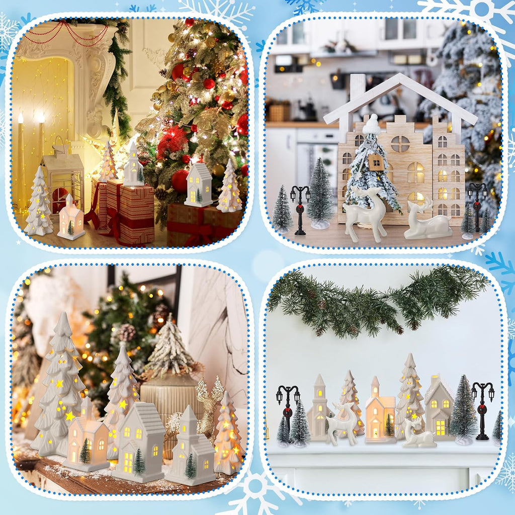 14 Pcs LED Christmas Village Houses Set Ceramic White with Trees