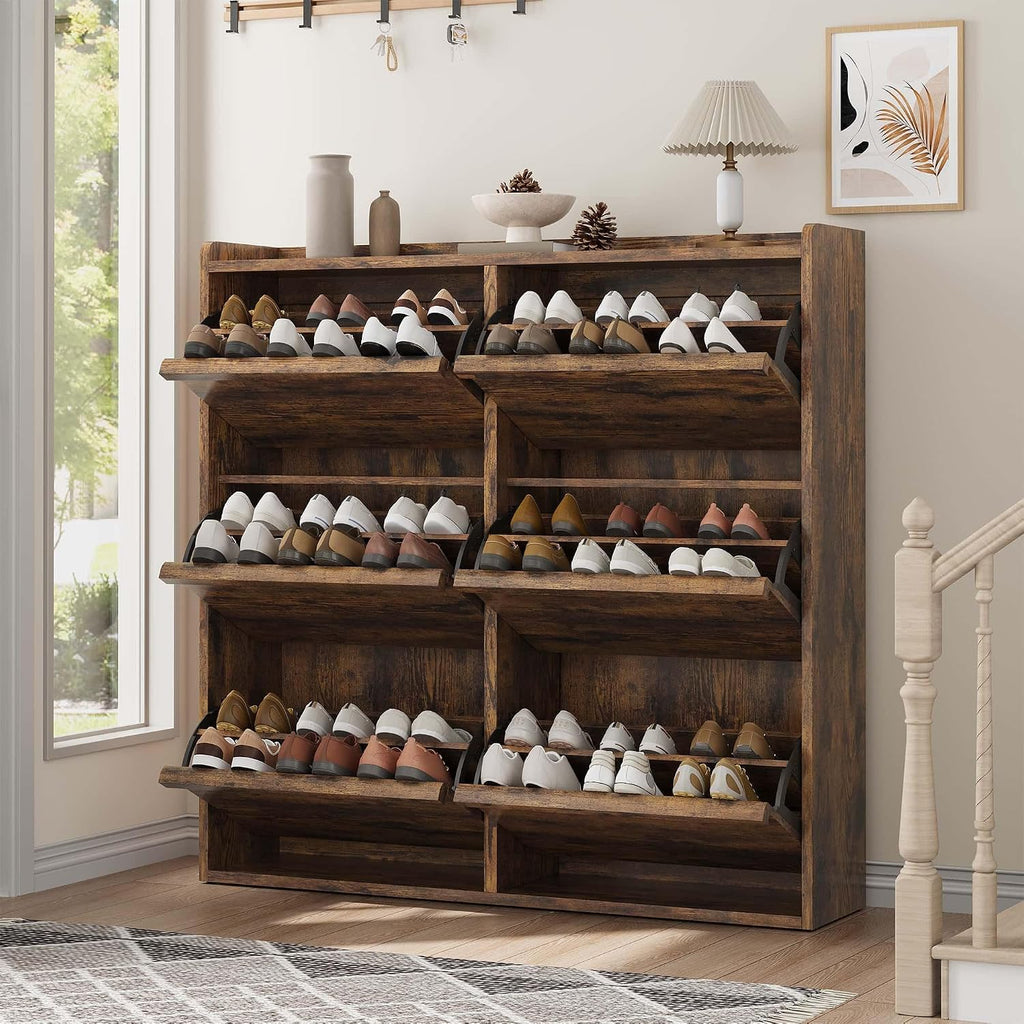 Shoe Cabinet, 6 Flip Drawers, Narrow Freestanding Shoe Organizer with Adjustable and Removable Shelves, Modern Wooden