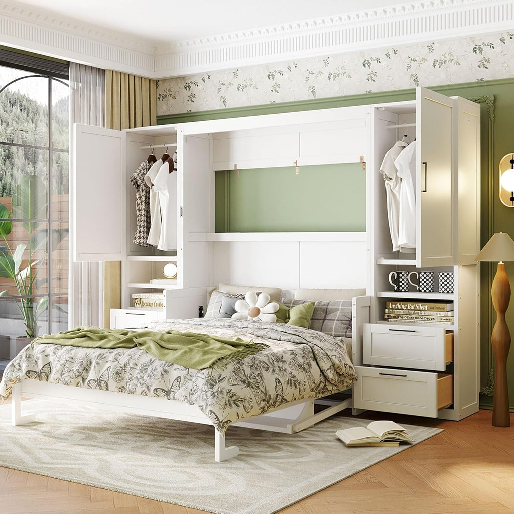 Murphy Bed Queen with Small Desk, Queen Wall Murphy Bed with Wardrobe, Drawers and Storage Shelves, No Box Spring