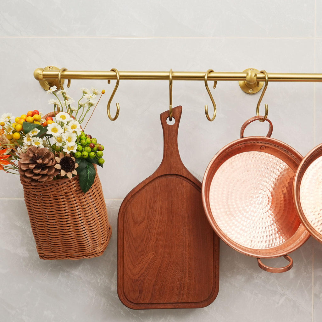 31 Inch Brass Pot Rack Wall Mounted, Kitchen Rail with Hooks for Pots, Pans, Mugs and Utensils, Segmented Wall
