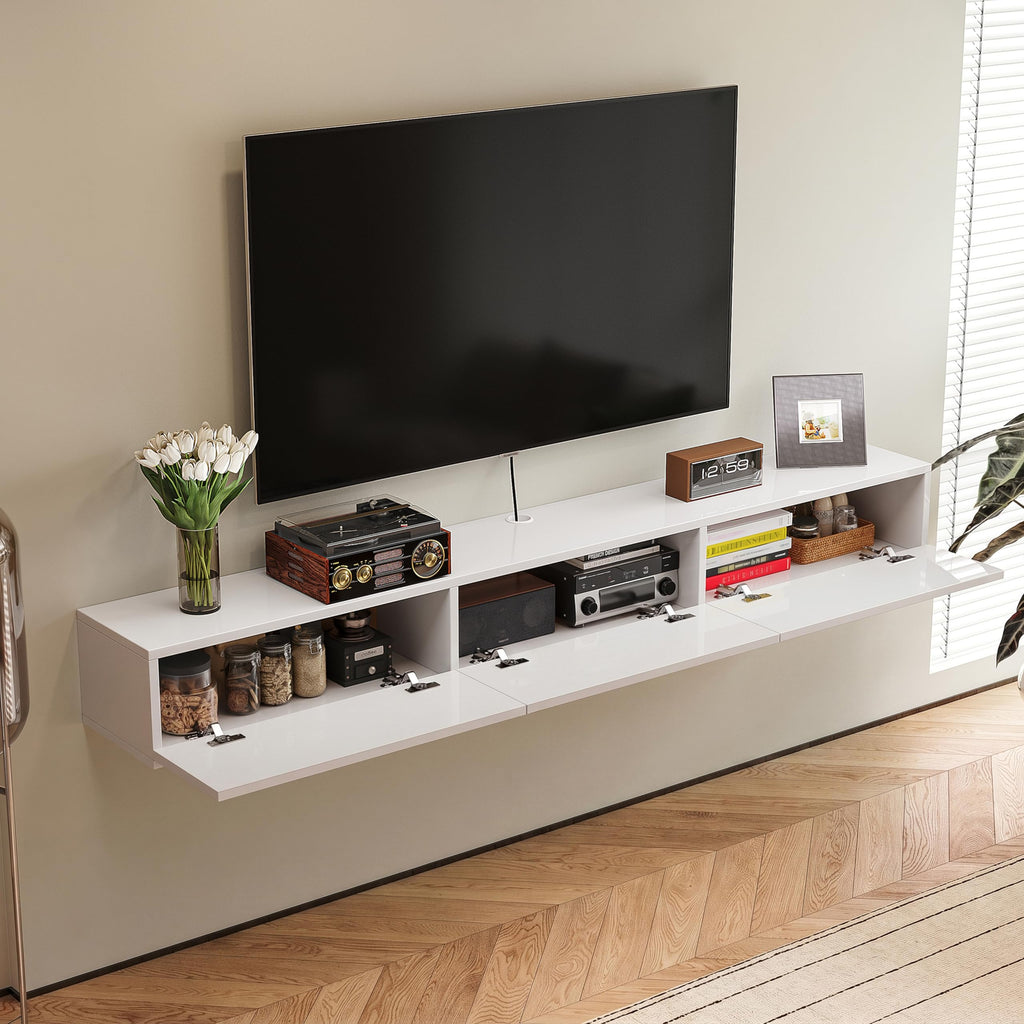 55'' Floating TV Stand, High Gloss Wall Mounted TV Console, White