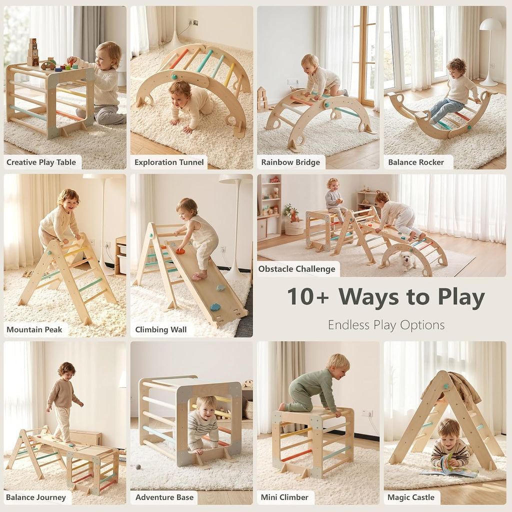 Triangle Set with Cube, Montessori Toddler Climbing Toys Indoor, Wooden Baby Jungle Gym with Climbing Arch and Ramp