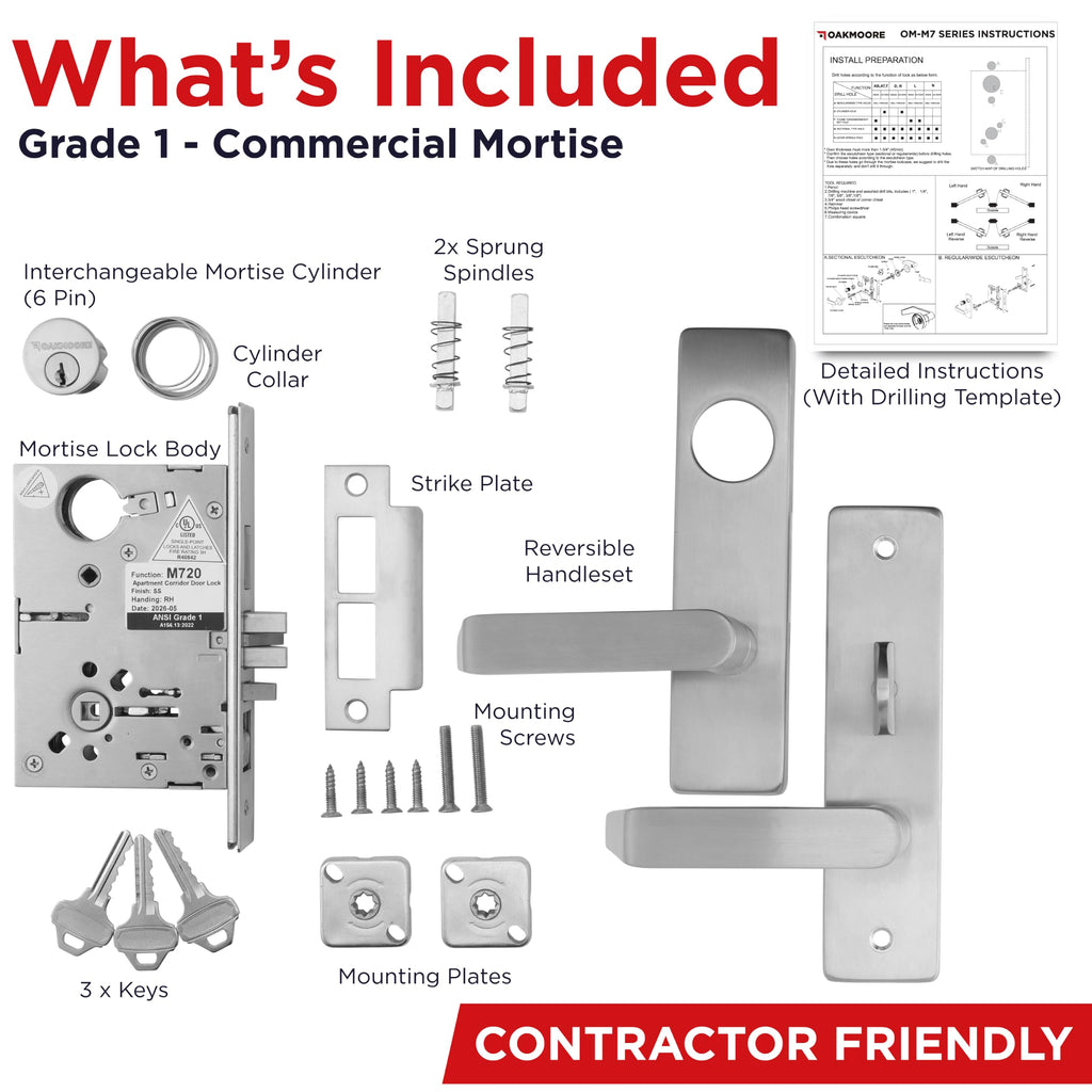 Grade 1 Commercial Mortise Lock Set, F20 Apartment Corridor Function, Escutcheon Panel Trim, Satin Stainless Steel