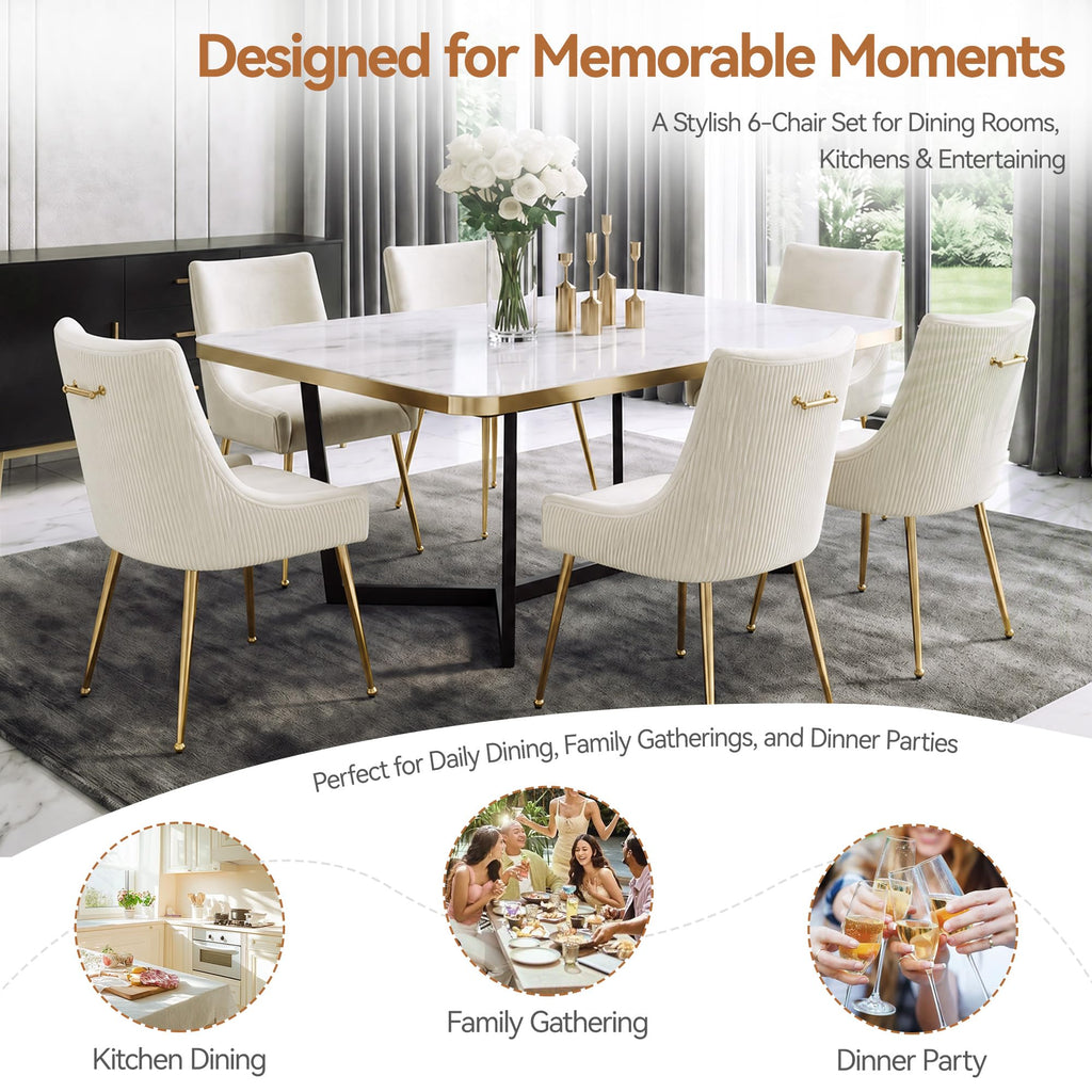 Velvet Dining Chairs Set of 4 Gold Legs, Upholstered Velvet Accent Chairs, Pleated Back Design & Gold Pull Handle, Mid