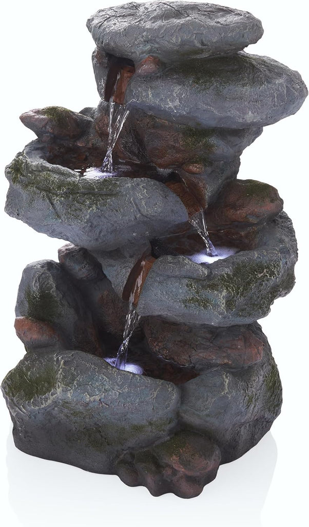 22" Tall 3-Tier Outdoor Rock Waterfall Fountain with LED Lights, Natural Stone Look Decor, Gray