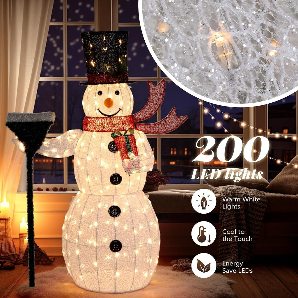 5FT Outdoor Snowman Christmas Decorations, Lighted Outdoor Snowman w/200 LED Lights, Tall Hat, Red Scarf, Zip Ties