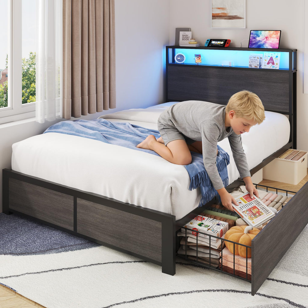 Bed Frame with 2-Tier Storage Headboard, Metal Bed Frame with 2 Storage Drawers, 3-in-1 Charging