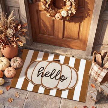 24" X 36" Pumpkin Layered Doormat Set for Front Door | Pumpkin Pattern, Brown and White Striped Layering Rug, Linen
