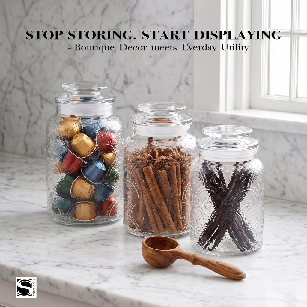 Clear Glass Kitchen Canister Set, Retro Design 3PC, 34-54oz