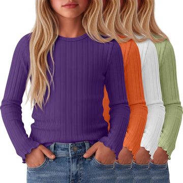 4 Pack Girls Long Sleeve Shirts Kid Cotton Ribbed Top