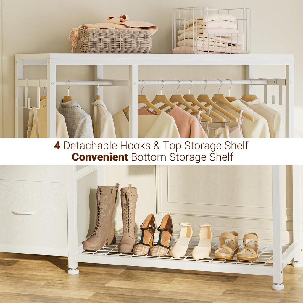 Clothes Rack with 2 Rods, Shelves, Drawers & Hooks, Garment Rack