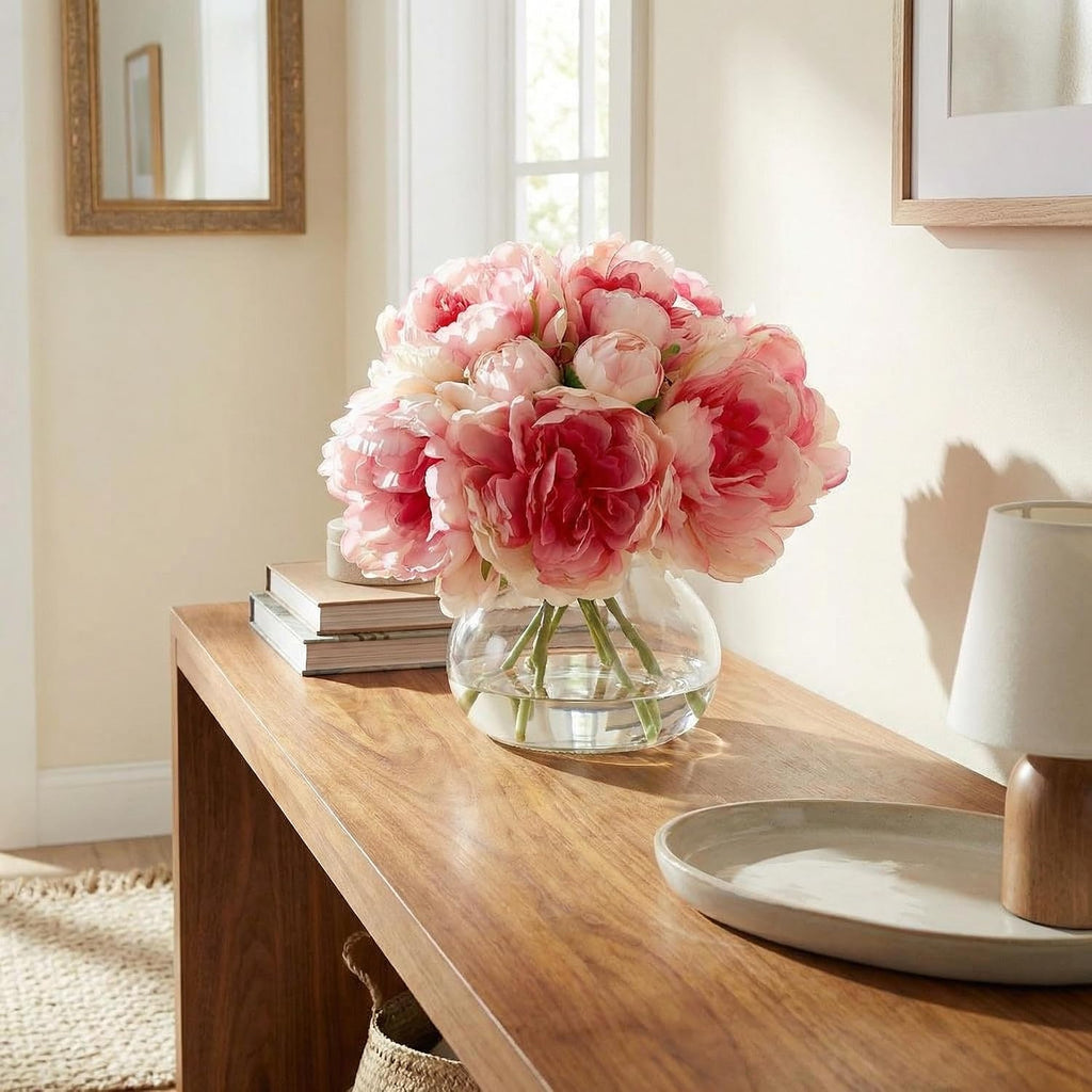Artificial Peonies Flowers with Vase, Mixed Pink Silk Peony Bouquet with Faux Water in Glass Vase, Lifelike Fake