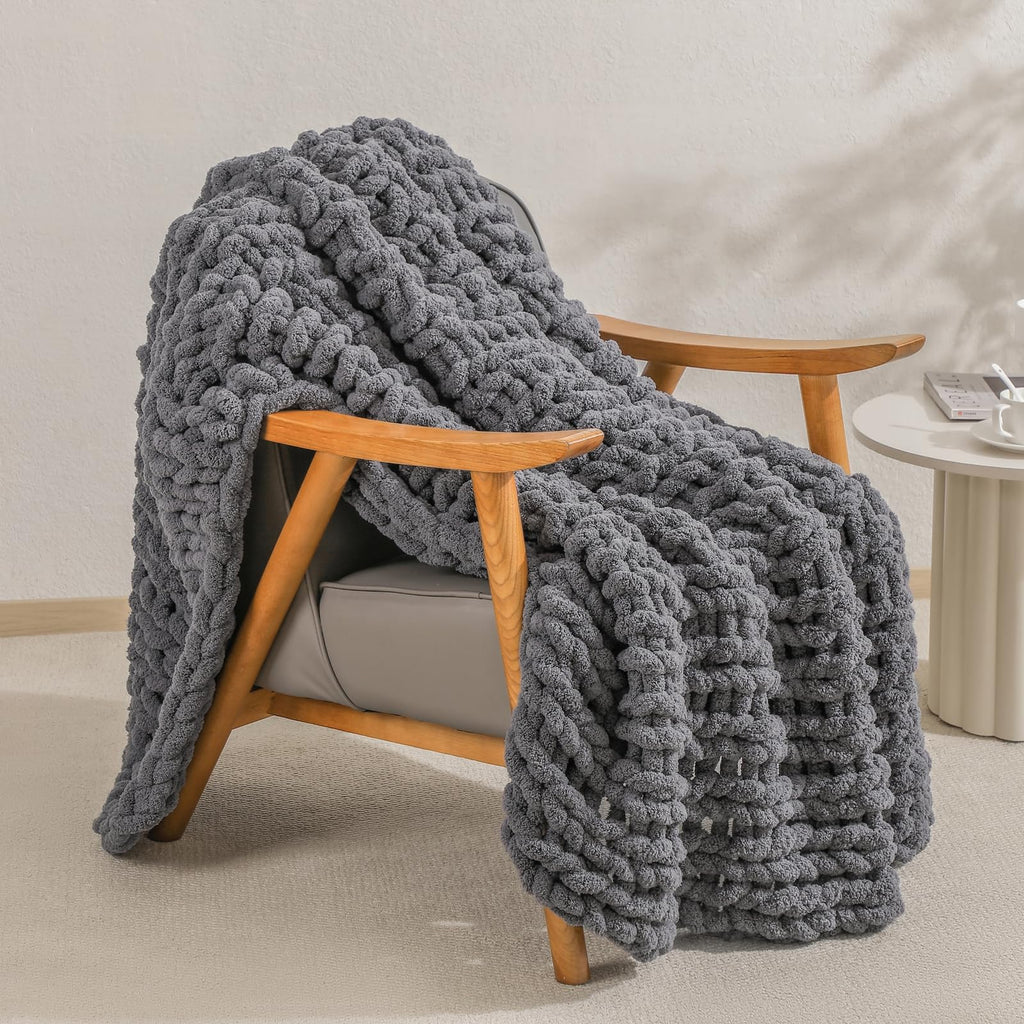 Chunky Knit Handmade Throw Blanket 60x80 Jumbo Chenille Dark Gray
