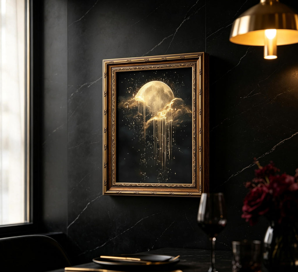 Vintage Gold Framed Moon Cloud Wall Art, Dark Academia Sky Canvas Print