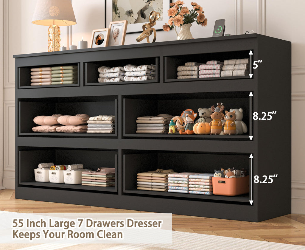 55 INCH 7 Drawers with Power Outlet, Wide High Gloss Chest of Drawers Large, Modern Storage Drawer, Black