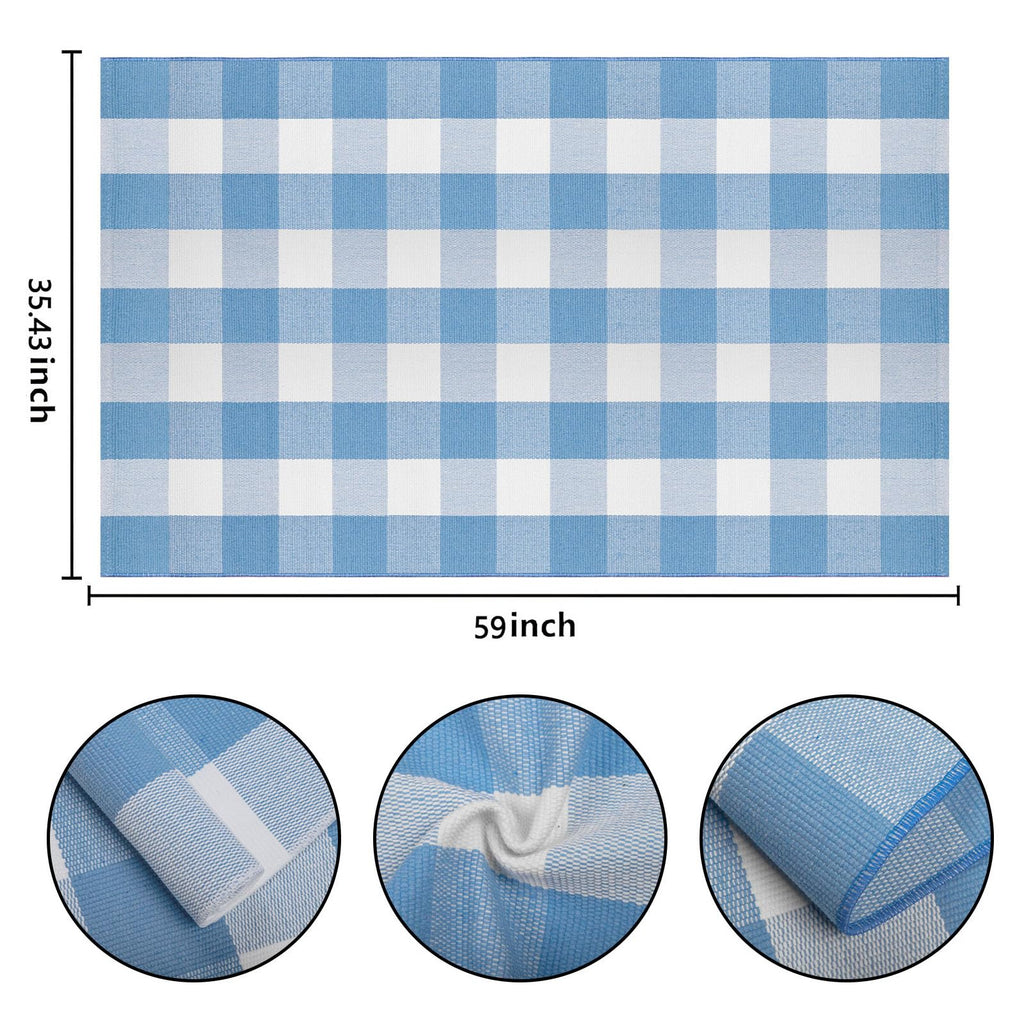 Washable 3'x5'Outdoor Rug, Light Blue White Buffalo Plaid Front Door Mat