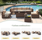 8 Piece Patio Furniture Set with 44” Fire Pit Table Wicker Rattan Outdoor Sectional Sofa Set with Coffee Table