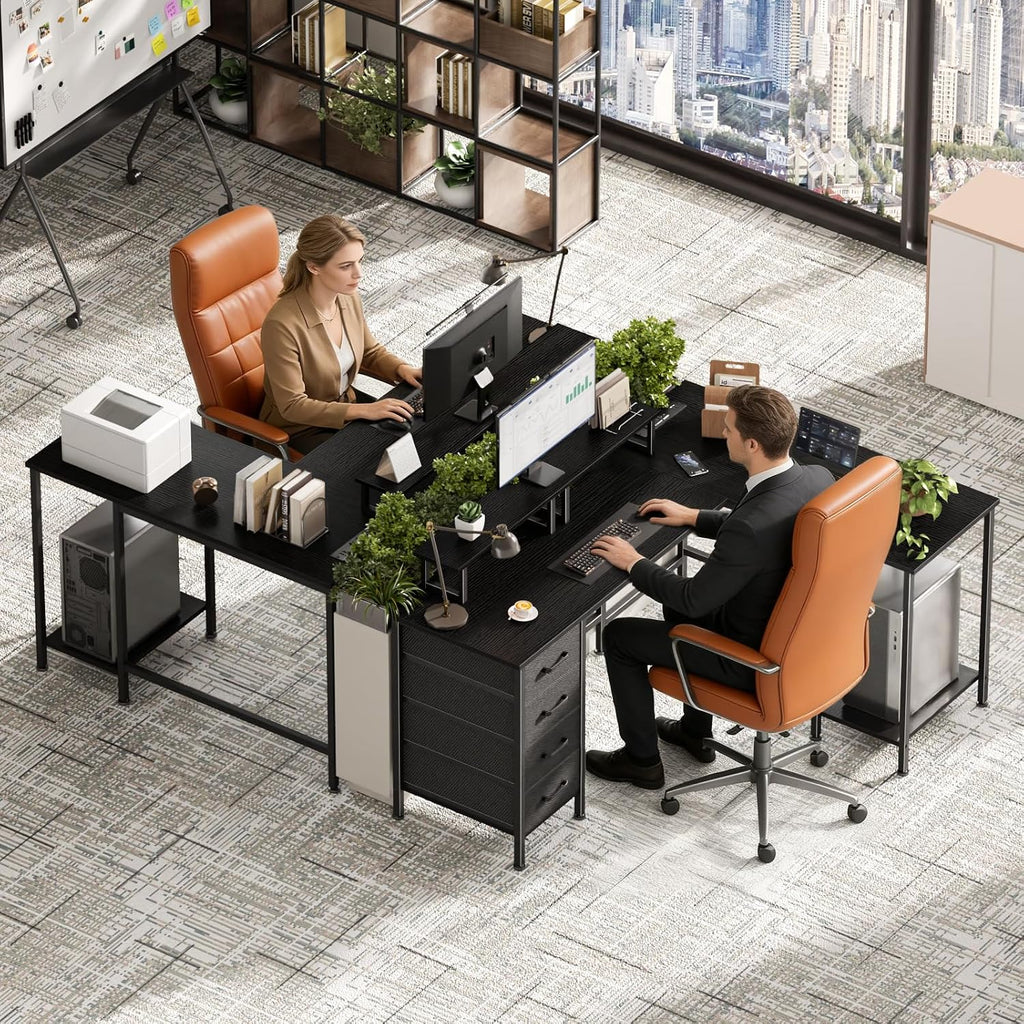 59 inch L Shaped Computer Desk with Power Outlets, Black | Ideal , Corner, 4 Adjustable Storage Drawers, 2 Monitor