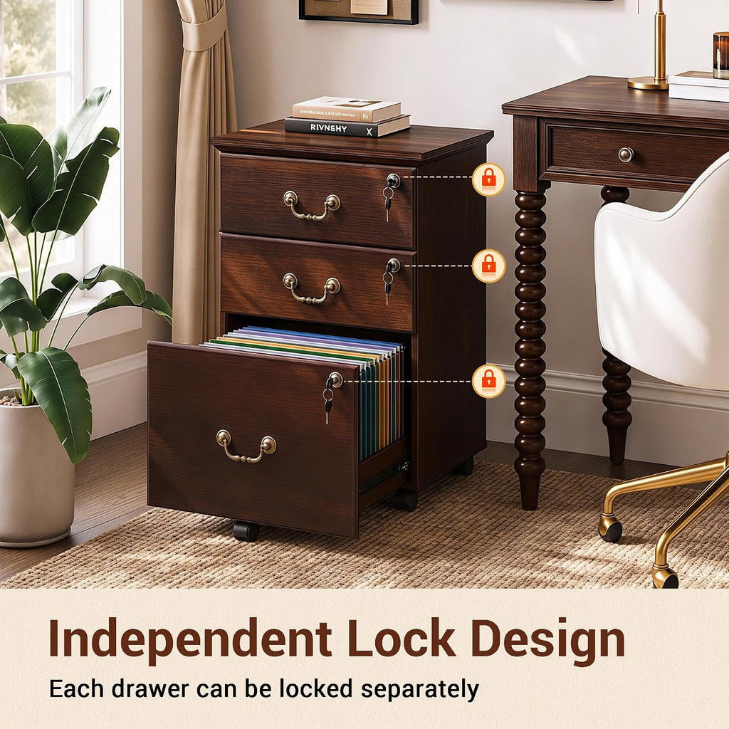 3 Drawer File Cabinet with Lock, Wood Filing Cabinet, Brown Oak | Mobile Wood File Cabinet for Under Desk Storage