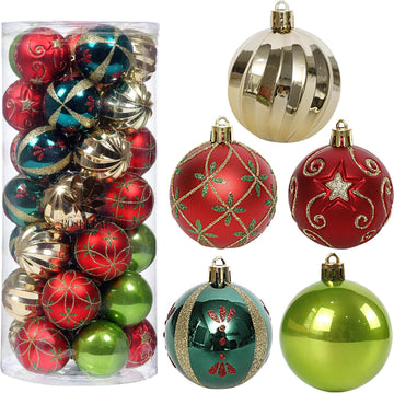 2.36" Shatterproof Christmas Tree Ornaments Red Green Gold - Set of 30