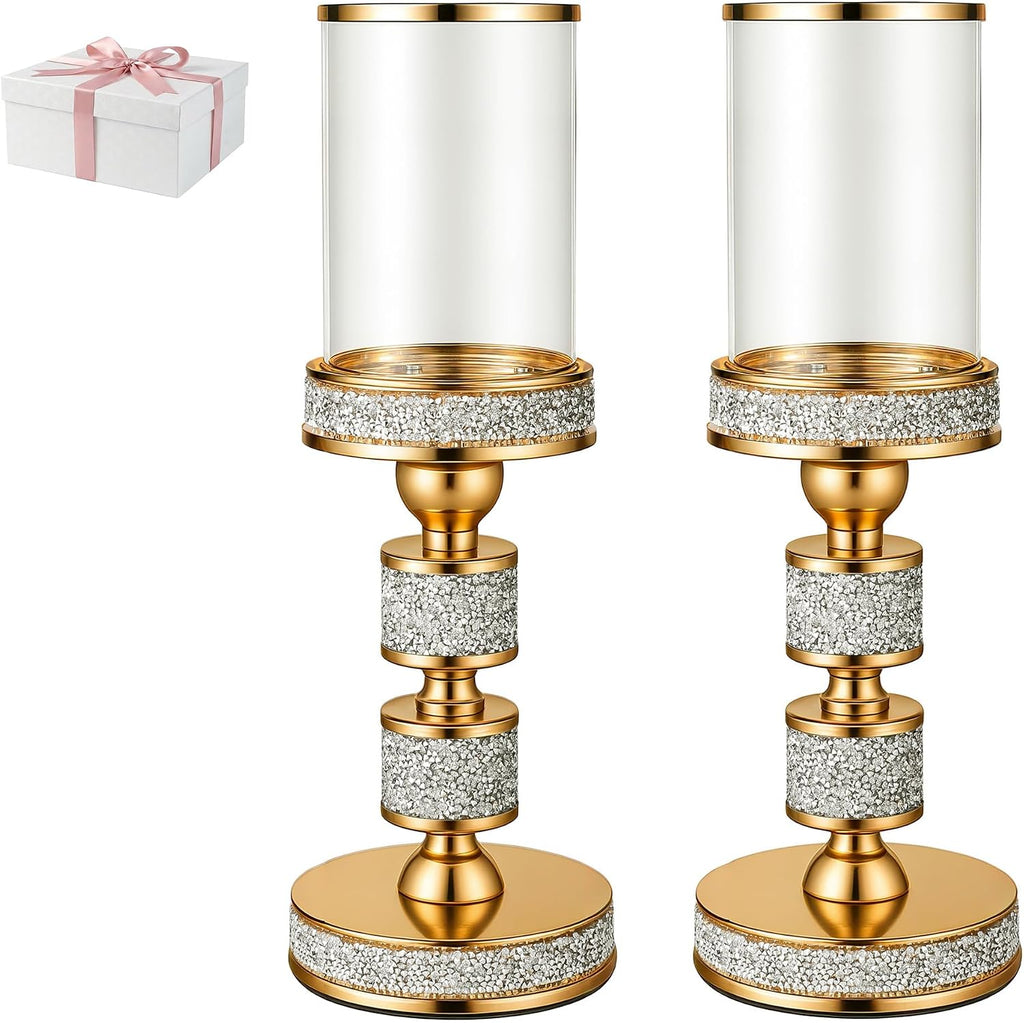 Hurricane Candle Holder, 13.5" Tall Metal Candle Stand, Glass Pillar Candle Holders, Crystal Gold Decorative