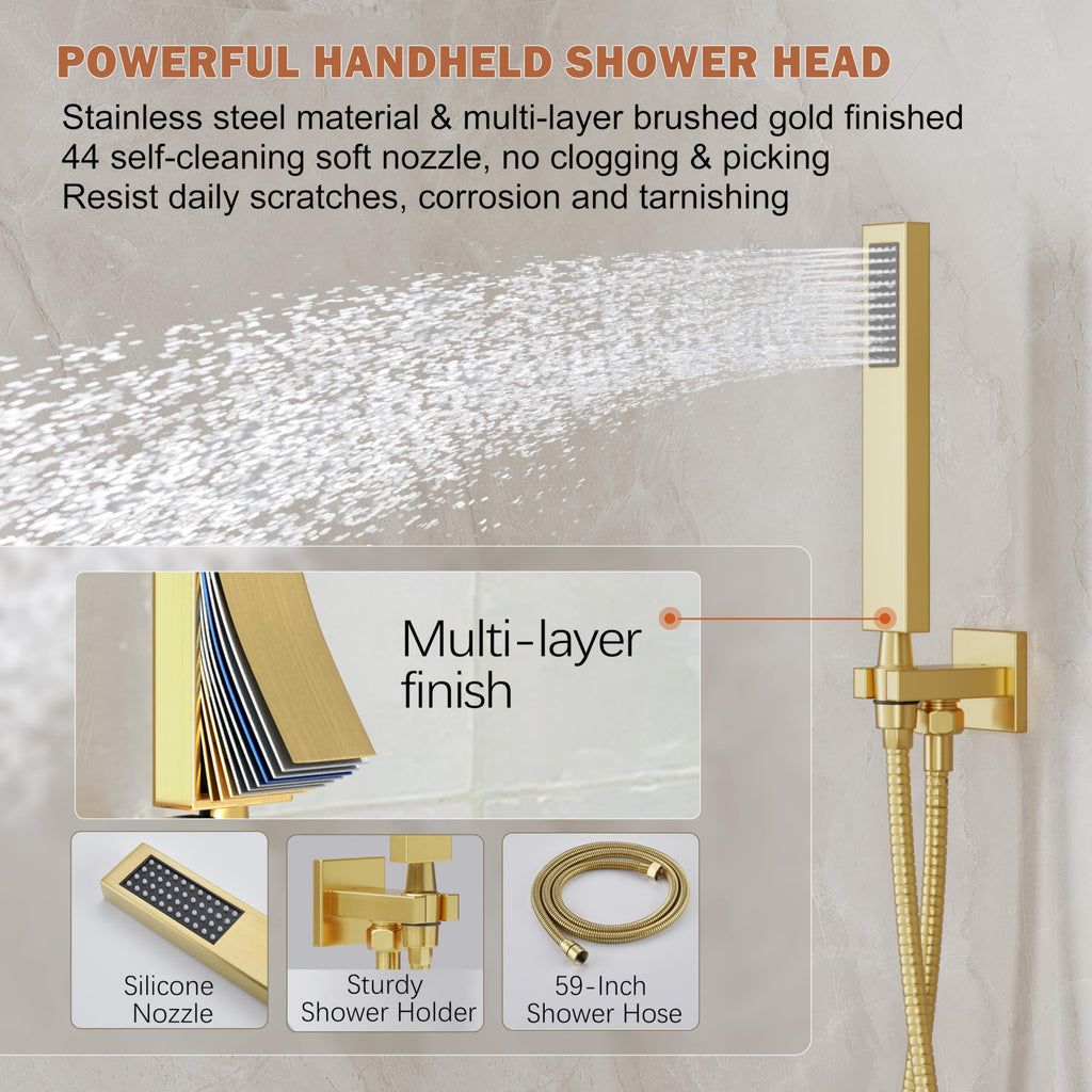 12" Rain Shower System with Handheld & Valve, Brushed Gold
