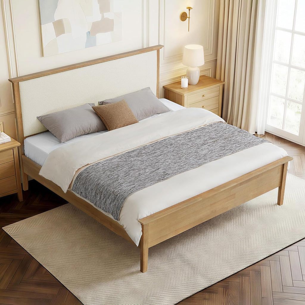 Queen Platform Bed Frame, with Boucle Upholstered Headboard & Wooden Slats Support, Modern Farmhouse Style Bed, No