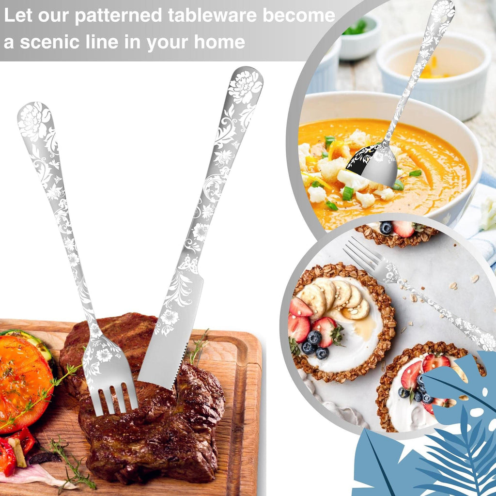 20 piece Peony Flower Pattern Design Silverware Set, Stainless Steel Flatware Set Service for 4, Silver Cutlery Set