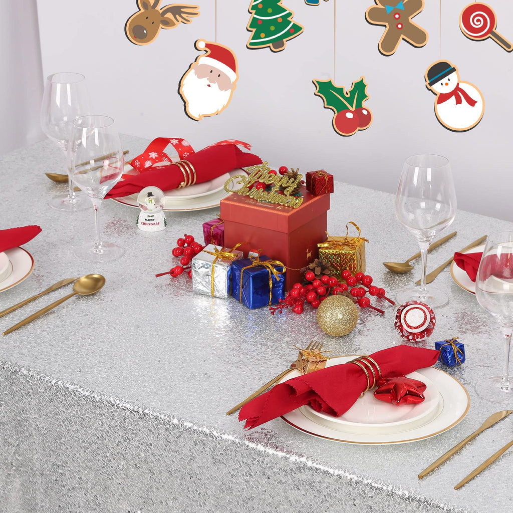 60x102 Inch Silver Tablecloth Christmas Rectangle Silver Glitter