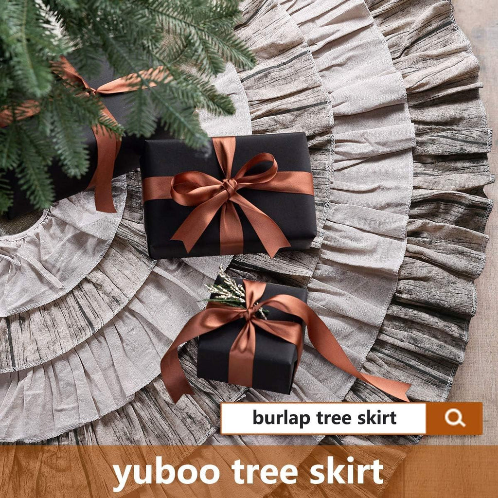 48 Inch Western Farmhouse Tree Skirt, 6-Layer Ruffled Wood Grain & Burlap Design, Rustic Country Cowboy Holiday