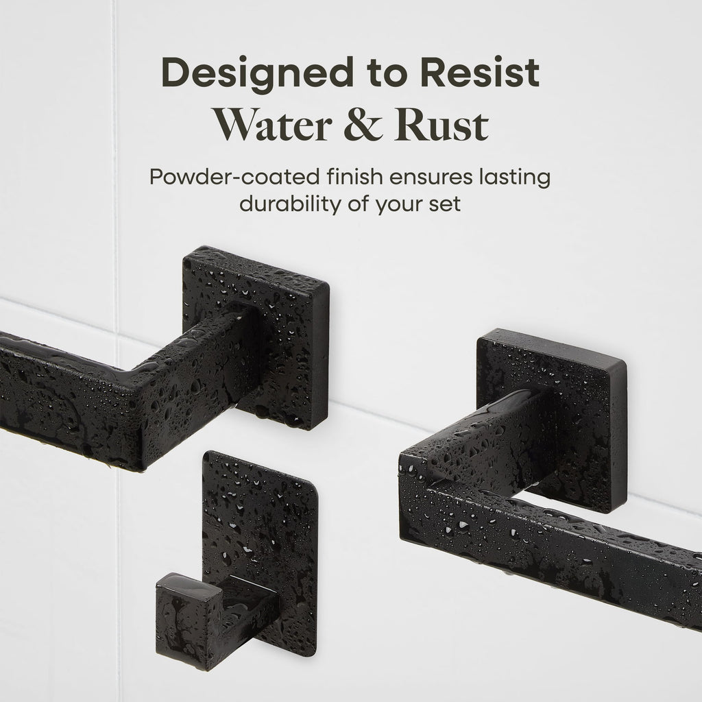 Black Bathroom Hardware Set, 4-Piece + 15.7" Shelf & Adhesive Robe Hook
