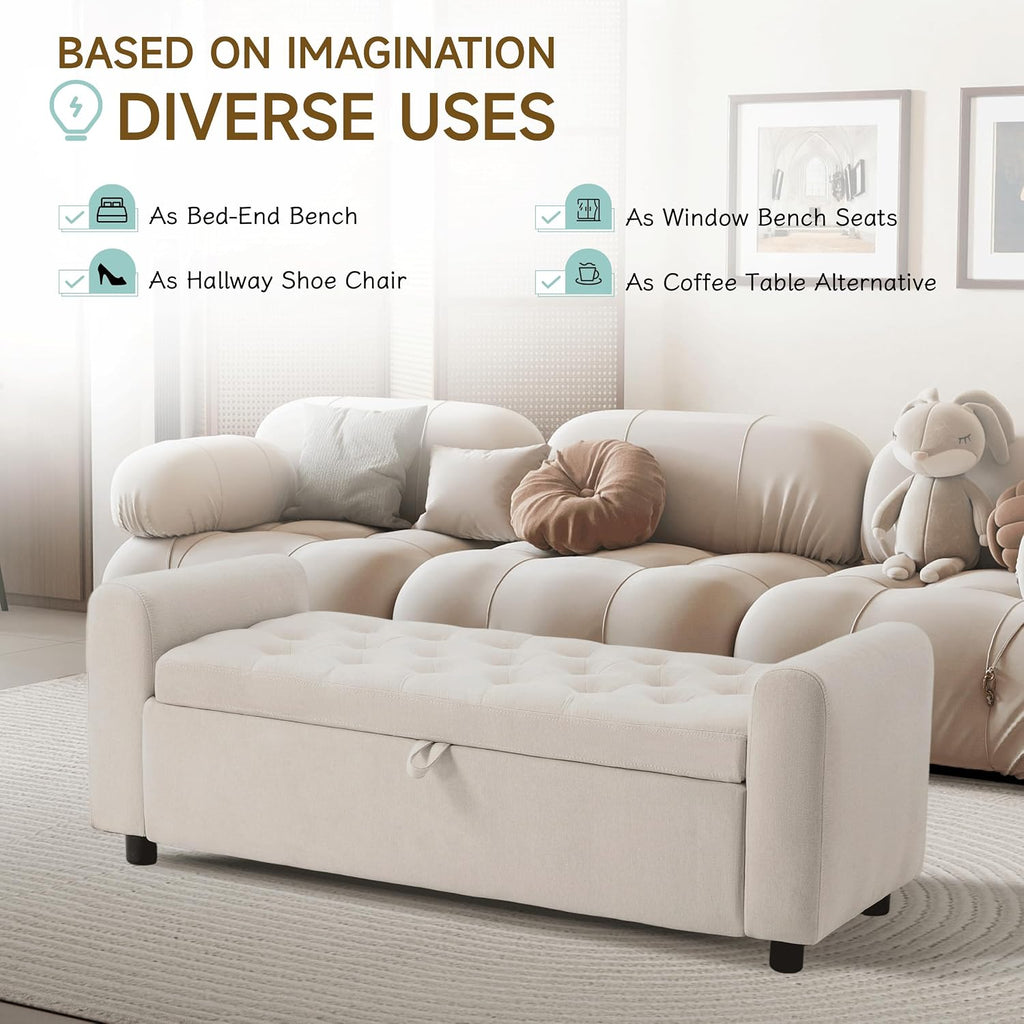Ottoman with Storage, Tufted Storage Bench , 48" Fabrics End of Bed Bench, Upholstered Entryway Shoe Benches with