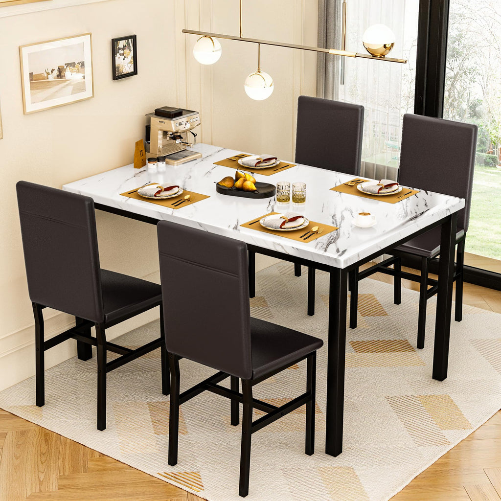 Dining Table Set for 4, Faux Marble Table and 4 PU Leather Chairs, Kitchen Table and Chairs for 4, Modern Dining Room