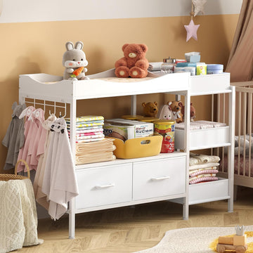 Baby Changing Table with Storage,Heavy-Duty Diaper Changing Station, White Nursery Dresser Organizer with 2 Large