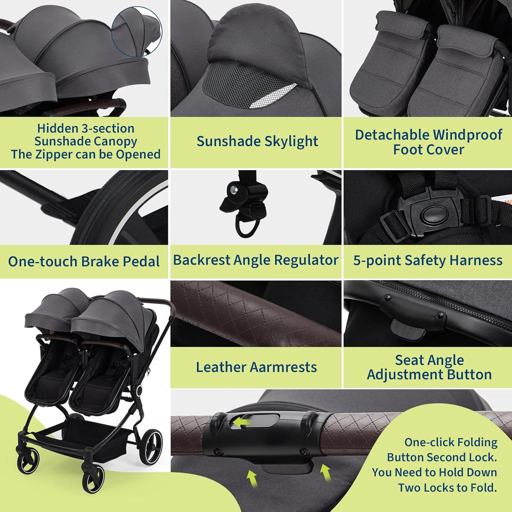 Side by Side Double Stroller for Twins, Lightweight Compact Foldable Baby Travel Stroller with High Landscape Seat