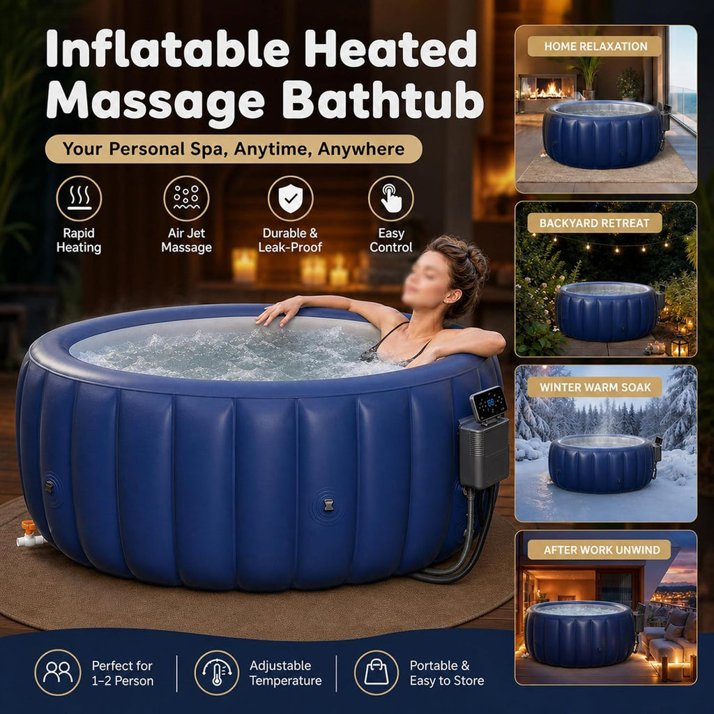 Inflatable Hot Tub, Round Blow up Portable Hot tub, Smooth Easy-Wipe Interior, Convenient Side Drain Spout, Blow Up