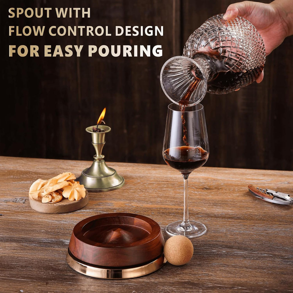 Rotating Wine Decanter with Wooden Base - 360° Spinning Wine Aerator for Fast Oxygenation, Crystal Clear Wine Carafe
