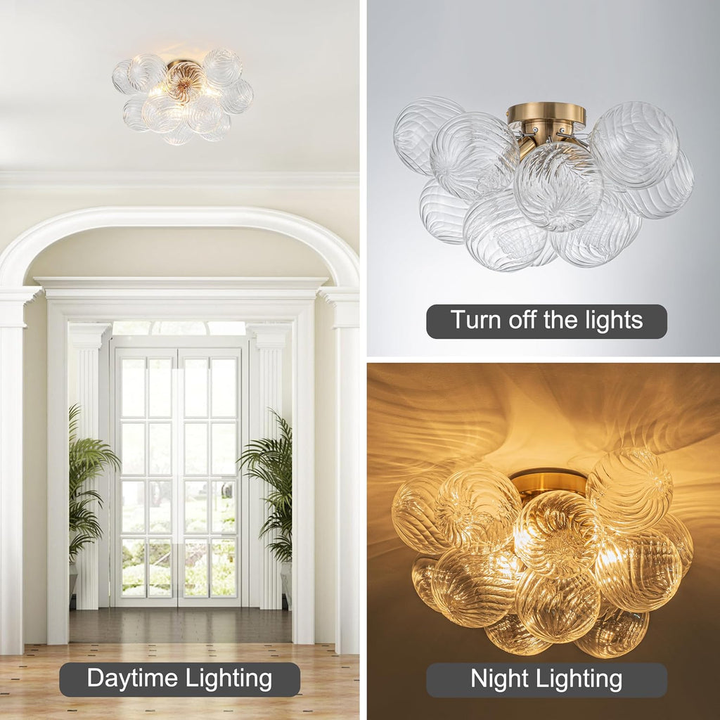 Semi Flush Chandelier Gold, Modern Light Fixtures Ceiling Mount Lighting Pendant 3 Light Dining Chandeliers Over
