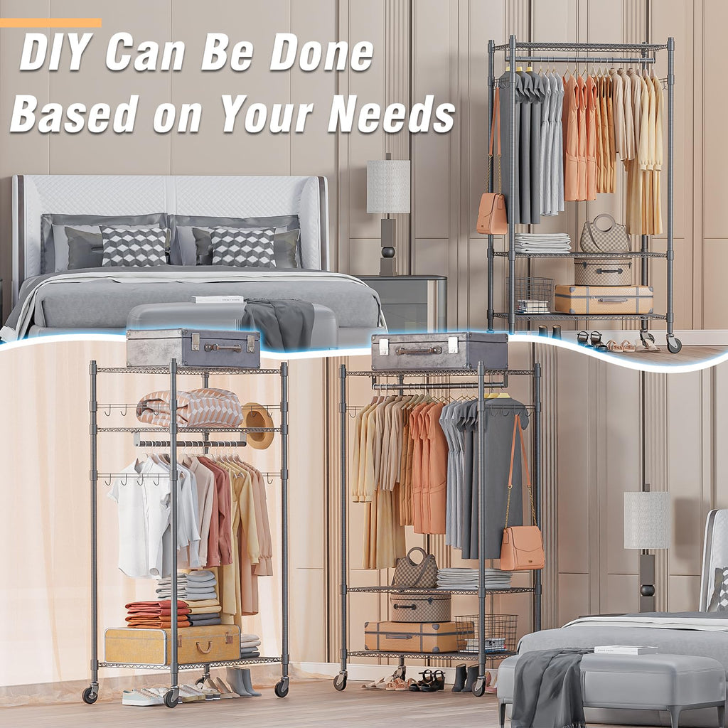 Narrow Rolling Garment Rack with Double Rods and 3 Adjustable Shelves, Compact Portable Closet Organizer, Laundry