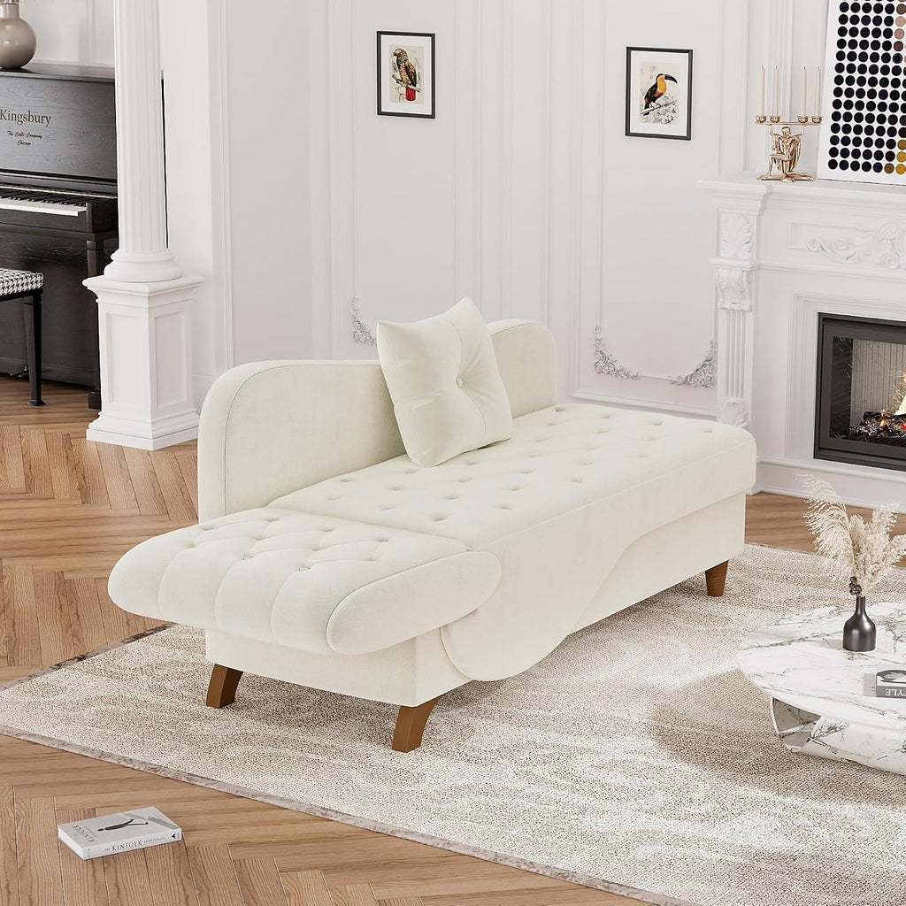 Indoor Velvet Chaise Lounge Chair with Storage , Beige White | Reading chair chaise sleeper sofa bed with pillow, 3