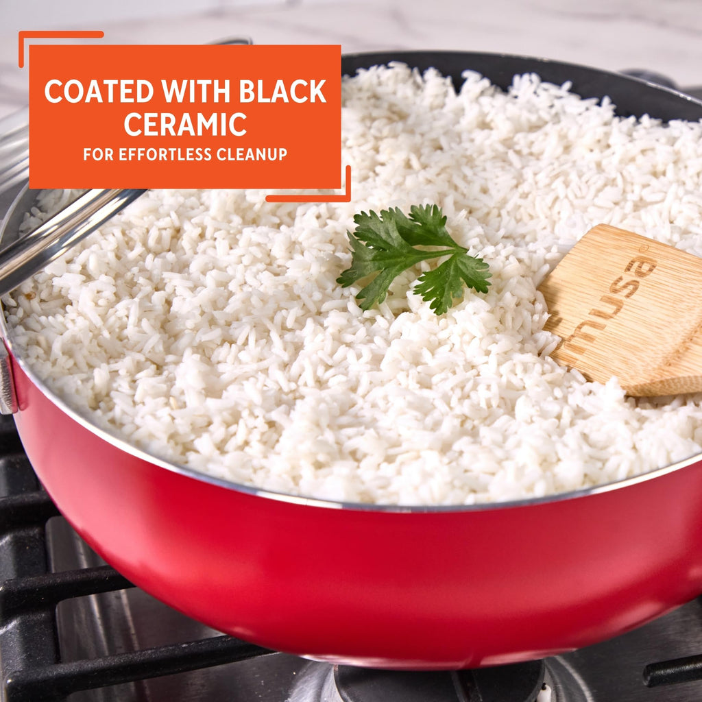 6.9 Qt Large Red Aluminum Dutch Oven Caldero with Black Ceramic Nonstick & Glass Lid - Big Rice, Stew, Cooking Pot