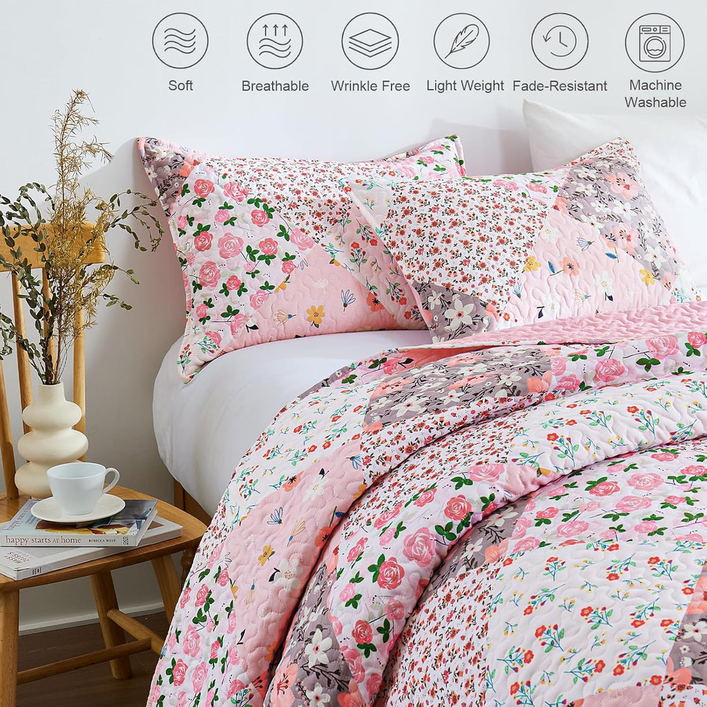 Patchwork Quilts Queen, Extra Soft Boho Floral Bedspreads for Bed Reversible Lightweight Full Queen Quilt Bedding Set