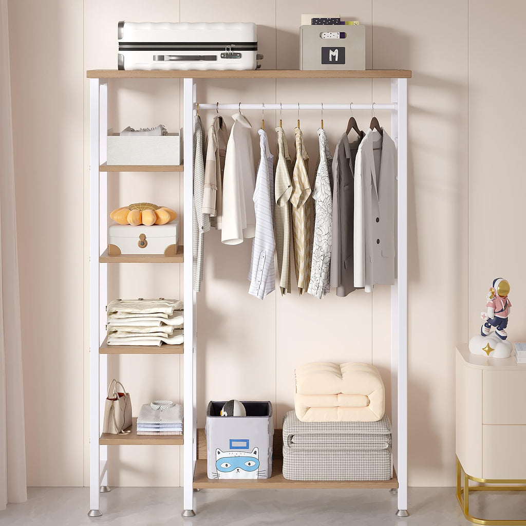 Open Garment Clothing Rack, Free-Standing Heavy Duty Storage Closet with 5 Shelves and Hanging Rod for Small Spaces