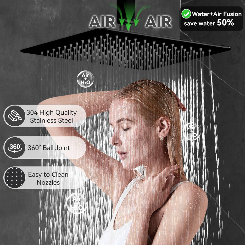 Shower System Matte Black Dual Shower Head with Body Jets, Four Modes Shower Faucet Set Ceiling Mount 12" Rain Shower